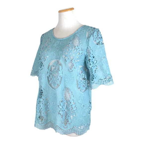 J.O.A. Blouse Blue Lace Cut Out NWT Nordstrom Short Sleeves Women's Size Medium - Picture 2 of 5